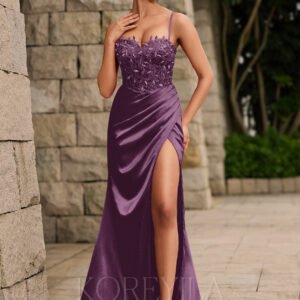 Lace Up Back Sweetheart Leaf Corset Ruched Satin Mermaid Maxi Dress With Sequins Slit